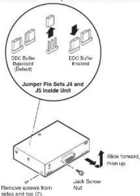 Jumper Pin Sets J4 and J5 Inside Unit Remove screws from sides and top (7). DCC Buffer Deposced (Default) DCC Buffer Enabled Slide forward, then up. Jack Screw Nut
