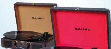 Two vintage gramophone machines, one open with brown case and one red case, both featuring 'BAUHN' branding (no additional text or symbols visible)