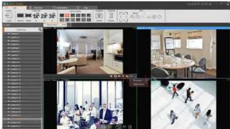 Screenshot of a video editing interface with multiple video thumbnails and tool panels, showing interior scenes and user interactions.