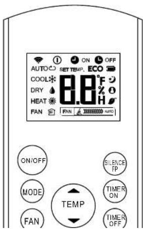 AUTO COOL DRY HEAT FAN ON SET TEMP. ECON 8.8°F % H FAN SILENCE FP ON/OFF MODE TEMP FAN TIMER ON TIMER OFF