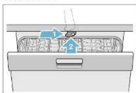 Diagram of a device with labeled parts, showing a component inside a container with two numbered parts.