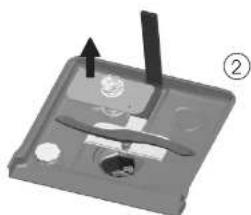 3D mechanical component diagram showing a tray with internal parts and an arrow indicating direction (no text or symbols)