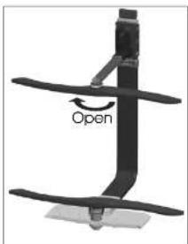 Diagram of a vertical support structure with an 'Open' label and curved arrows indicating rotation (no text or symbols beyond the label)