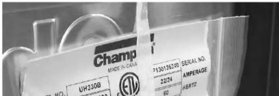 Champ MADE IN CANA UH330B 22/24 60 AMPERAGE HERTE SERIAL NO. 130135248