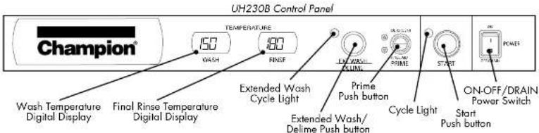 UH230B Control Panel Champion® 150 WASH FINEF TEMPERATURE Extended Wash Cycle Light Prime Push button Cyclical Light START ON/OFF/DRAIN Power Switch Start Push button Wash Temperature Digital Display Final Rinse Temperature Digital Display Extended Wash/ Delime Push button