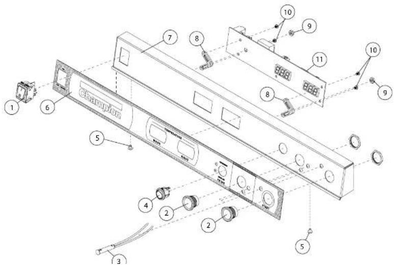 Technical diagram of a device chassis with labeled components and parts, including a Champion panel and numbered parts.
