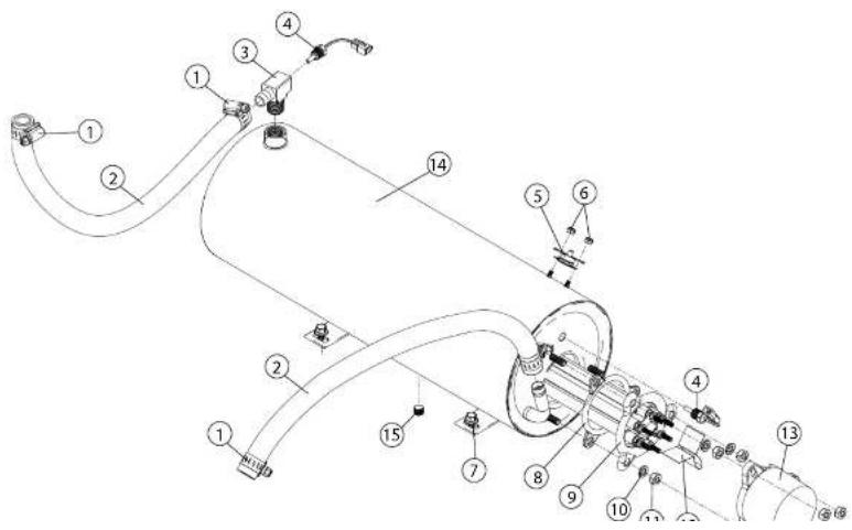 Technical diagram of a mechanical or electrical device with numbered components and labeled parts
