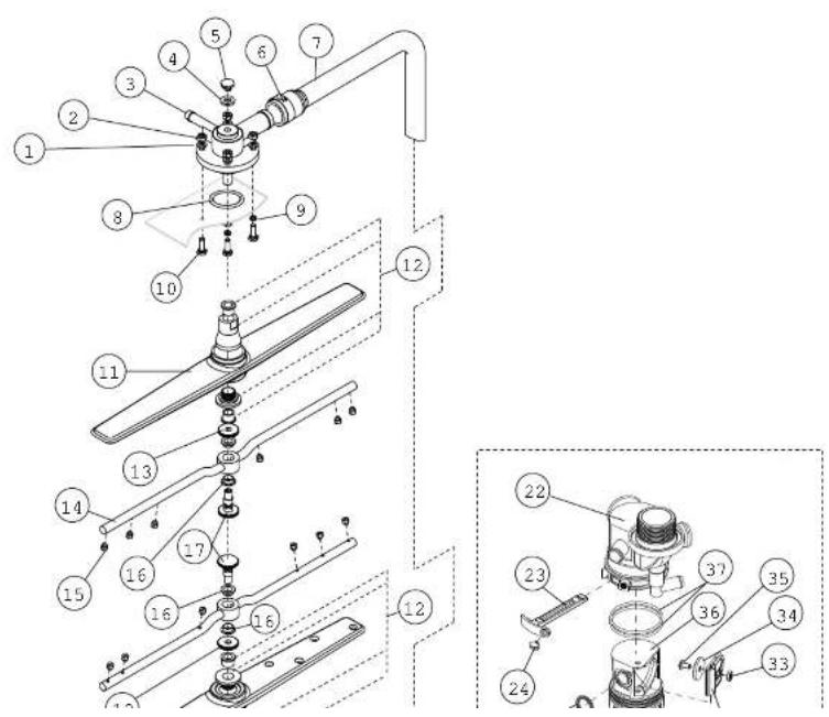 Technical diagram of a mechanical assembly with numbered components and exploded view