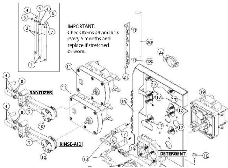 IMPORTANT: Check Items #9 and #13 every 6 months and replace if stretched or worn. SANITIZER RINSE-AID DETERGENT