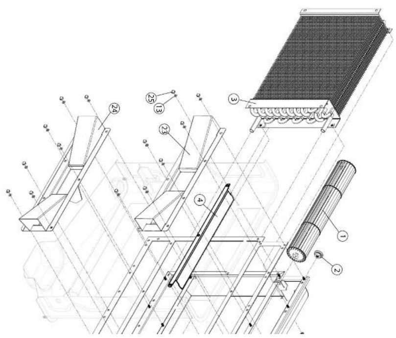 Technical schematic diagram of a mechanical assembly with numbered components and labeled parts