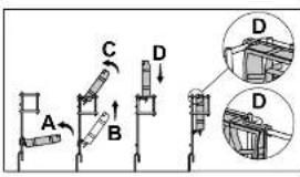 Technical diagram showing mechanical assembly with labeled components A, B, C, D and a magnified inset of component D