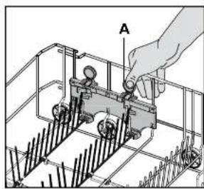 Technical diagram showing a hand operating a mechanical device labeled 'A' with pins and components inside a grid-like structure.