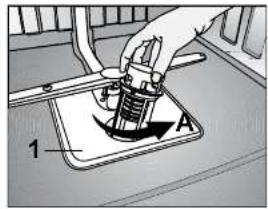 Diagram showing a hand operating a mechanical device with labeled parts and directional arrow