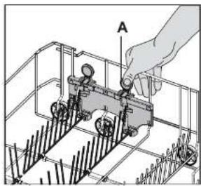 Technical diagram showing a hand operating a mechanical device labeled 'A' with a grid structure below.