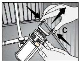 Diagram showing mechanical assembly with labeled parts and directional arrows indicating motion or force
