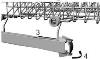 Technical diagram of a mechanical assembly with labeled parts 3 and 4, showing structural components and motion indicators.