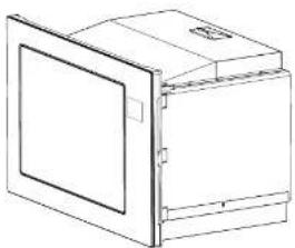Line drawing of a cabinet or enclosure with a door and front panel (no text or symbols)