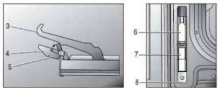 Technical diagram of a mechanical device with numbered components and cross-sectional view