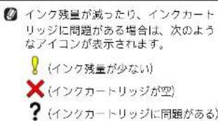 インク残量が減ったり、インクカートリッジに問題がある場合は、次のようなアイコンが表示されます。 ! (インク残量が少ない) × (インクカートリッジが空) ? (インクカートリッジに問題がある)