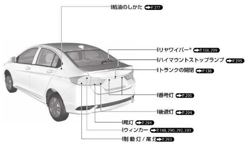 給油のしかた P 277 リヤワイパー P 158, 299 ハイマウントストップランプ P 295 トランクの開閉 P 138 番号灯 P 295 後退灯 P 294 尾灯 P 294 ウィンカー P 148, 290, 292, 293 制動灯/尾灯 P 293