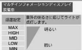 マルチインフォメーションディスプレイ装備車 感直設定 車外の明るさに応じてライトが点灯します。 MAX 明るい HIGH 暗い MID LOW MIN