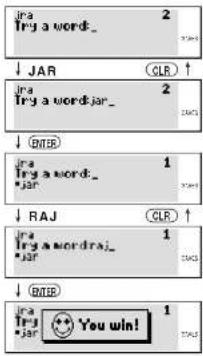 Try a word_ 2 JAR (CLR) ↑ Try a word jar_ 2 TAB Try a word_ 1 jar (CLR) RAJ (CLR) ↑ Try a word raj_ 1 jar (CLR) TAB Try a word jar You win!