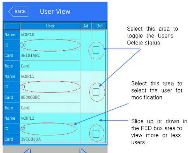 BACK User View Name VOIP10 ID 10 Card 3E181ABC Type Card Name VOIP11 D 11 Card 9E0008BC Type Card Name VOIP12 D 12 Card 39CB81DA Ad Del Select this area to toggle the User's Delete status Select this area to select the user for modification Slide up or down in the RED box area to view more or less users