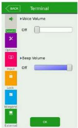 BACK Terminal Voice Volume. Sound Off Options Beep Volume Input Off Lock Wegand External OK