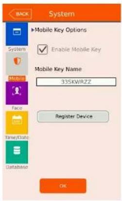 System Mobile Key Options Enable Mobile Key Mobile Key Name 33SKWRZZ Register Device Time/Date Database OK