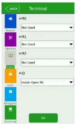 BACK Terminal Sound M0 Not Used M1 Not Used M2 Not Used IO Inside Open NC Input Lock Wegand External OK