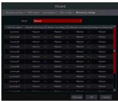 Wizard Network settings > OR Core > Auto camera > Disk driving > Recording settings Noise Manual Camera name Sensor recording Middlet recording Active recording Intelligence Response Camera1