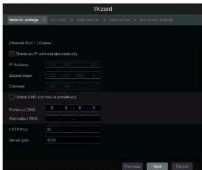 Wizard Network settings Ethernet Port 1 (Online) □ Option on IP address refreshably IP Address: 0.00 GB Subnet mask: 0.00 GB Cathode: 0.00 GB □ Online DNS address automaticity Proband DNS 8 8 8 Alternative DNS 8 HTTP Port: 00 Server port: $500 Previous Send Cancel