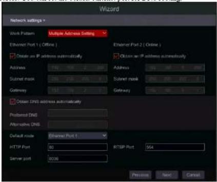 Wizard Network settings * Work Pattern Multiple Address Setting Ethernet Port 1 ( Offline ) Choose an IP address automatically Address Subnet mask Gateway Ethernet Port 2 ( Offline ) Choose an IP address automatically Address Subnet mask Gateway Ethernet DNS address automatically Preferred DNS Alternative DNS Default mode Ethernet Port 1 HTTP Port 60 RFTP Port 564 Server port 0036 Preview Next Cancel