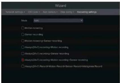 Wizard Network settings • Off Cards • Air markers • Dis active • Recording settings Mode: Auto • Motion recording • Sensor recording • Motion recording+Sensor recording • Always(24+7) recording+Motion recording • Always(24+7) recording+Sensor recording • Always(24+7) recording+Motion recording+Sensor recording • Always(24+7) Record+Motion Record+Sensor Record+Histology Record