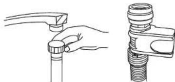 Technical line drawing of a hand holding a pipe fitting and a threaded component (no text or symbols)