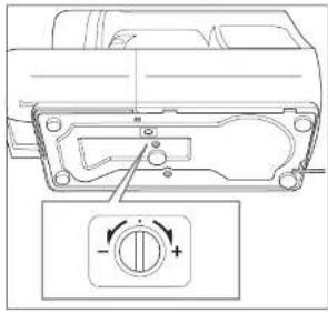 Technical diagram showing a mechanical component with a circular dial indicator and directional arrows, likely illustrating a rotary switch or adjustment mechanism.
