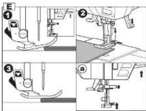 Technical diagram showing four steps of a sewing machine operation with labeled parts and directional arrows