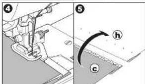 Technical diagram showing sewing machine components with labeled parts and a curved arrow indicating rotation or movement.