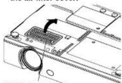 Technical diagram of a computer monitor with labeled ports and an arrow indicating a component or connection.