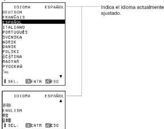 IDIOMA ESPAÑOL DEUTSCH FRANÇALS ESPAÑOL ITALIANO PORTUGUÉS SVENSKA NORSK DANSK POLSKI ÓCÍTINA MAGYAR PYCCKIIЙ Luo SEL. ENTR ESC Indica el idioma actualmente ajustado. IDIOMA ESPAÑOL 한국 ENGLISH 中文 日本語 SEL. ENTR ESC