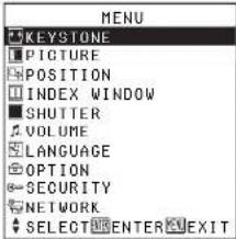MENU KEYSTONE PICTURE POSITION INDEX WINDOW SHUTTER VOLUME LANGUAGE OPTION SECURITY NETWORK SELECT ENTER EXIT