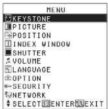 MENU KEYSTONE PICTURE POSITION INDEX WINDOW SHUTTER VOLUME LANGUAGE OPTION SECURITY NETWORK SELECT ENTER EXIT