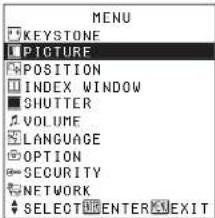 MENU KEYSTONE PICTURE POSITION INDEX WINDOW SHUTTER VOLUME LANGUAGE OPTION SECURITY NETWORK SELECT ENTER EXIT