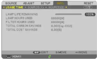 SOURCE ADJUST SETUP INFO: RESET (178) • USAGE TIME • SOURCE(1) • SOURCE(2) LAMP LIME REMAINING 100% LAMP HOURS USED 00000[H] FILTER HOURS USED 00000[H] TOTAL CARBON SAVINGS 0.000[±-CO2] TOTAL COST SAVINGS 0.00[5] HDMI OUT EXIT +MOVE +MOVE