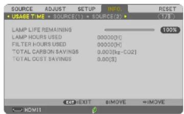 SOURCE USAGE TIME ADJUST SOURCE(1) SOURCE(2) RESET (178°) LAMP LIFE REMAINING LAMP HOURS USED FILTER HOURS USED TOTAL CARBON SAVINGS TOTAL COST SAVINGS 100% 0.0000[1] 0.0000[H] 0.000[kg-CO2] 0.00[S] EOT NEXT #MOVE #MOVE HDMI