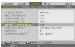 SOURCE ADJUST INFO. RESET STRAWBIE MODE DIRECT POWER ON AUTO-POWER ON AUTO-POWER OFF DEFAULT SOURCE SELECT CURRENCY CONCEPT CURRENCY CONCEPT NEXT SELECT OK EXIT REMOVE