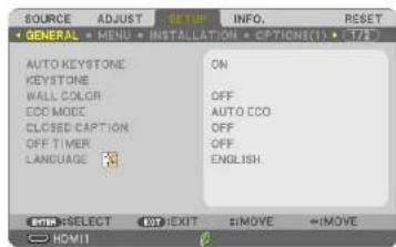 SOURCE ADJUST SETUP INFO. RESET + GENERAL MENU • MENU • INSTALLATION • CPTCNCS(1) • 775° AUTO KEystone KEystone WALL COLOR ECO MODE CLOSED CAPTION OFF TIMER LANGUAGE ON OFF AUTO ECO OFF OFF ENGLISH Enter SELECT OK EXIT #MOVE #MOVE HOMIT