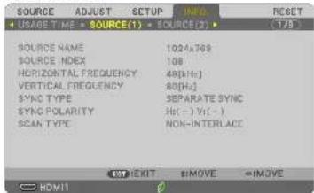 SOURCE ADJUST SETUP INFO RESET + USAGE TIME = SOURCE(1) - SOURCE(2) (7/8) SOURCE NAME 1024x768 SOURCE INDEX 108 HORIZONTAL FREQUENCY 48(HHz) VERTICAL FREQUENCY 80(HHz) SYNC TYPE SEPARATE SYNC SYNC POLARITY H(+ -) V(- -) SCAN TYPE NON-INTERLACE HOM11 HOT EKIT EIMOVE =IMOVE
