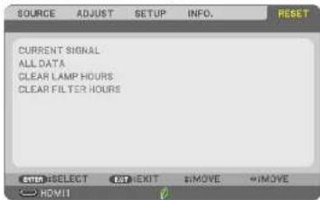 SOURCE ADJUST SETUP INFO. RESET CURRENT SIGNAL ALL DATA CLEAR LAMP HOURS CLEAR FILTER HOURS ENTER SELECT EXP EXIT $MOVE *MOVE HDMI