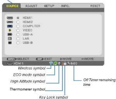 SOURCE ADJUST SETUP INFO. RESET HDMI1 HDMI2 COMPLTER VIDEO USB-A LAN USB-B HDMI1 Wireless symbol ECO mode symbol High Altitude symbol Thermometer symbol Key Lock symbol HiMOVE HiMOVE Hi-03 Off Timer remaining time